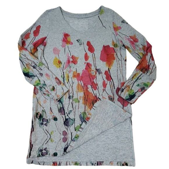 Soft Surroundings ~Woman Size S~ Gray/Orange Floral Long Sleeve Tunic Side Slits - Picture 7 of 16